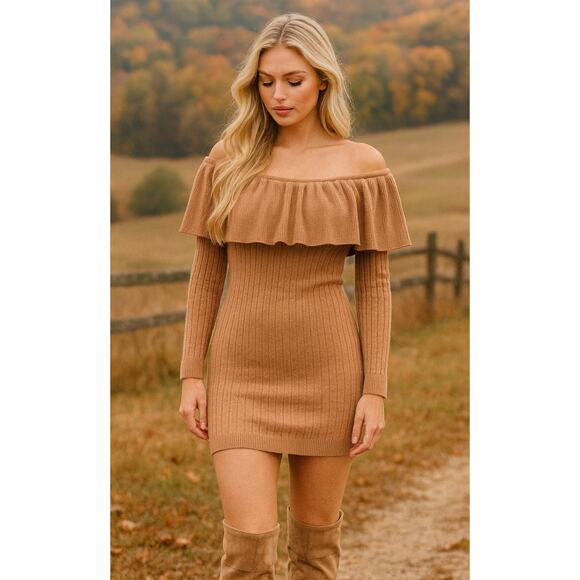 Olivaceous cable knit off shoulder sweater dress brown Size Small Fall Festive - Picture 1 of 10